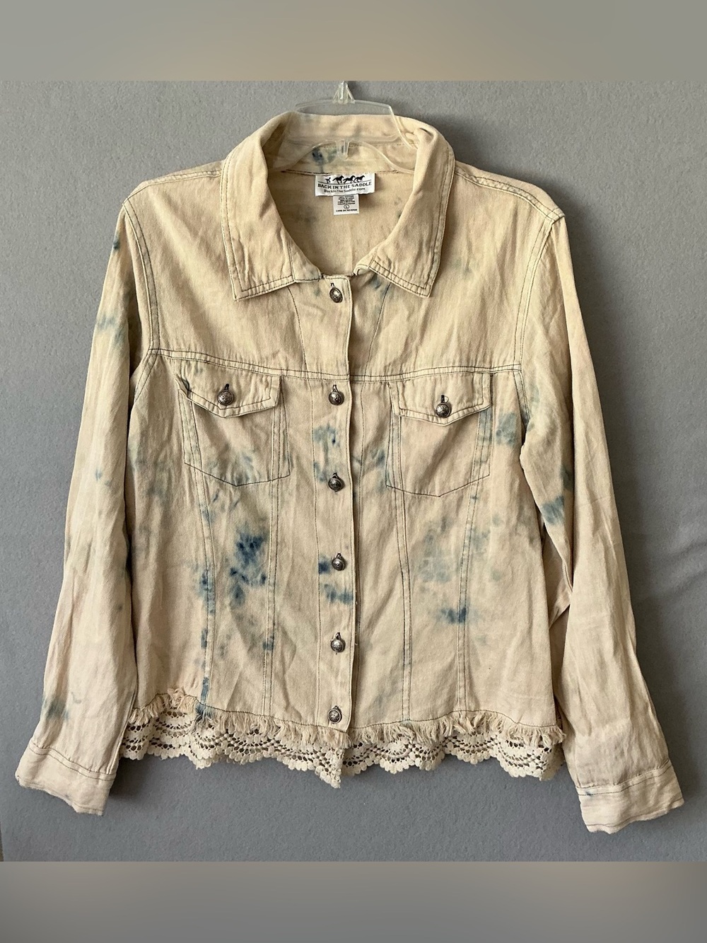 Back In The Saddle Denim Jacket L Ivory Lace Trim Vintage Boho Western Bleach